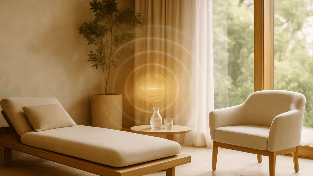 Peaceful room bathed in natural light at the Montreux Palace, featuring the exclusive Sonaya Studio sound experience with Sylph invisible acoustic technology for a soothing and immersive atmosphere.